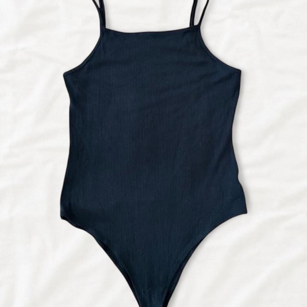 Wild Fable Black Ribbed Bodysuit Spaghetti Strap Square Neck Top L